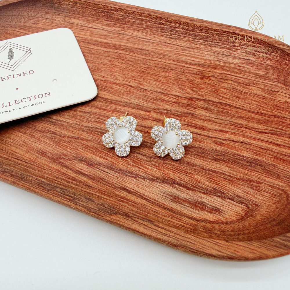 Crystal Flower Stud Earrings – Gold Tone with Milky White Center Stone